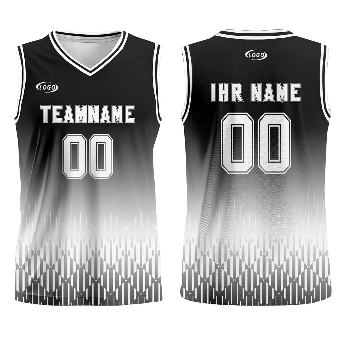 Benutzerdefinierter Schwarz Weiß Farbverlauf Basketball Jersey Uniform Anzug gedruckt Ihr Logo Name Nummer