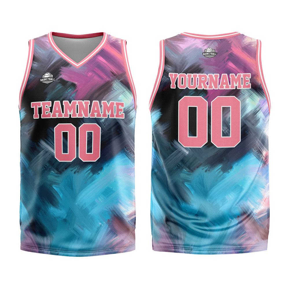 Benutzerdefinierter Basketball Jersey Uniform Anzug gedruckt Ihr Logo Name Nummer Rosa und Hellblau