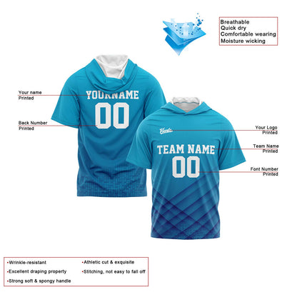 Benutzerdefinierte Aqua Kurzarm-Kapuzenpullover für Männer Frauen Hemden mit Kapuzen gedruckt Name Logo