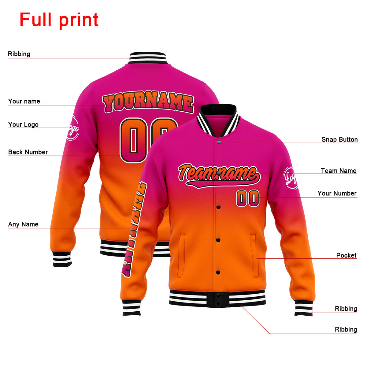 Benutzerdefinierte Verlauf Varsity-Jacke. Letterman-Jacke Rose Orange