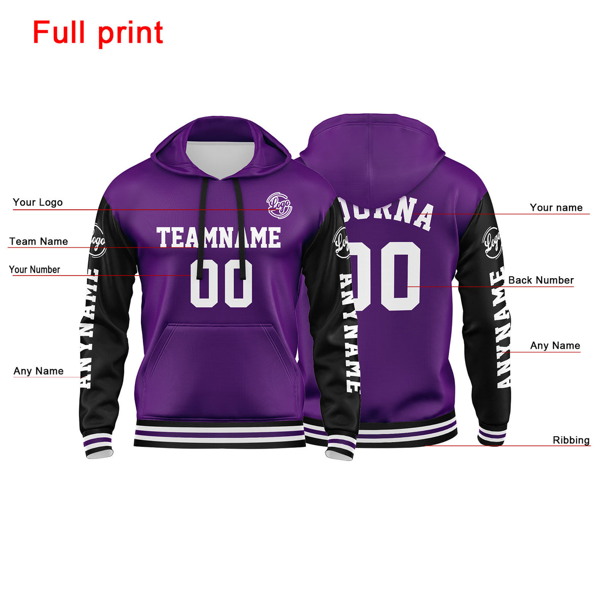 Benutzerdefinierter Lila Schwarz Hoodie für Mann, Frau, Mädchen, Junge. Drucken Sie Ihr Logo, Ihren Namen und Ihre Nummer