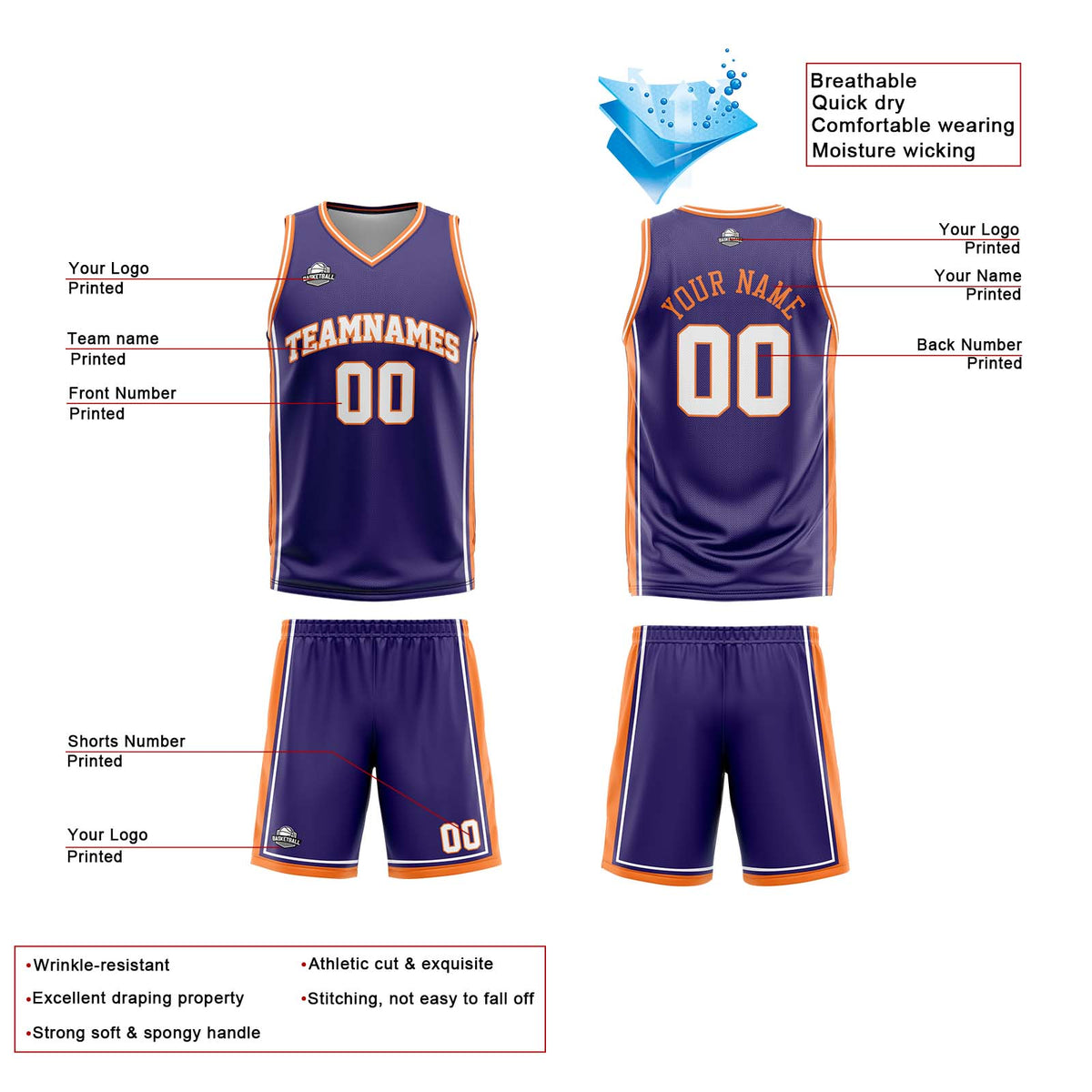 Benutzerdefinierte Lila Weiß Orange Reversible Basketball Jersey Personalisierte Print Name Nummer Logo