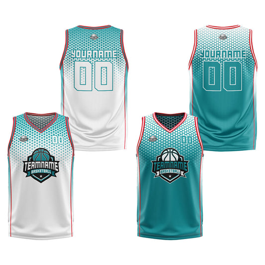 Benutzerdefinierte Weiß Cyan Rot Reversible Basketball Jersey Personalisierte Print Name Nummer Logo