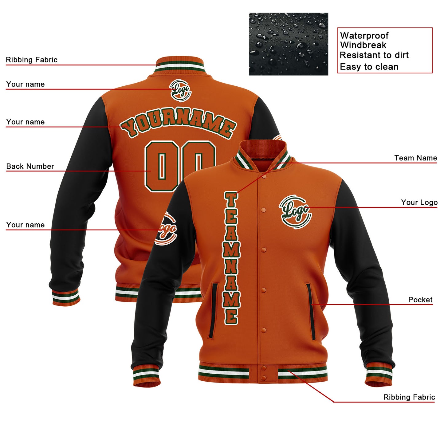 Benutzerdefiniert  Schwarz Orange Grün Wasserdichte Varsity Jacken Personalisiert genäht Name Nummer Logo zu Letterman Jacken