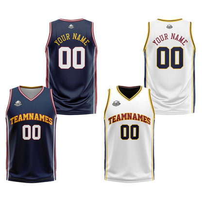 Benutzerdefinierte Marine Weiß Gelb Reversible Basketball Jersey Personalisierte Print Name Nummer Logo
