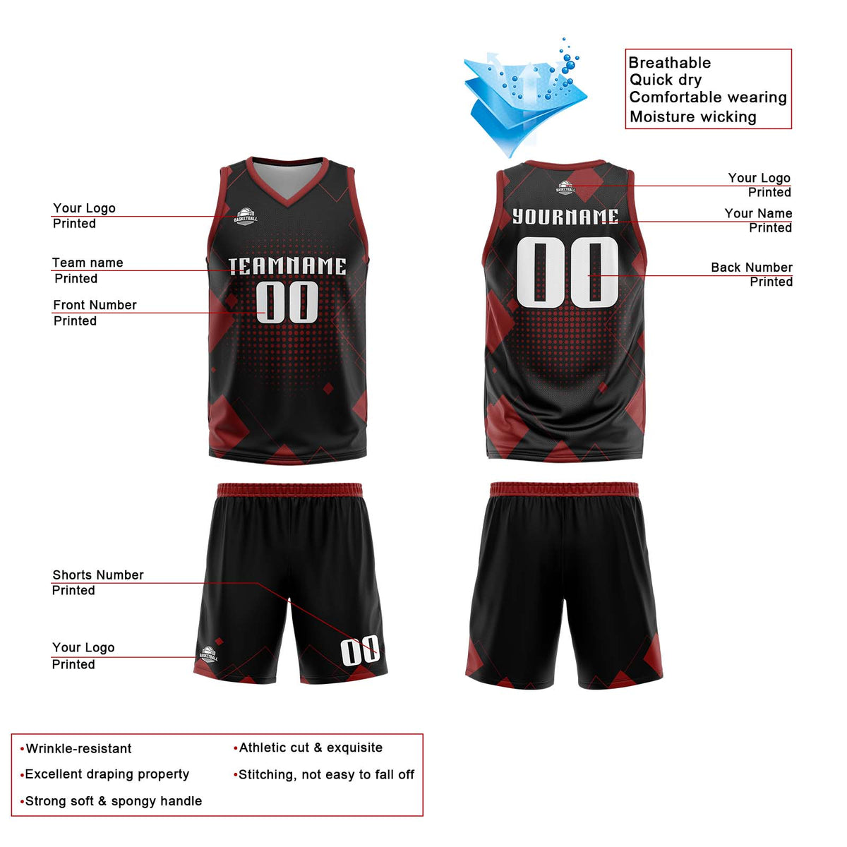 Benutzerdefinierte Rot Reversible Basketball Jersey Personalisierte Print Name Nummer Logo
