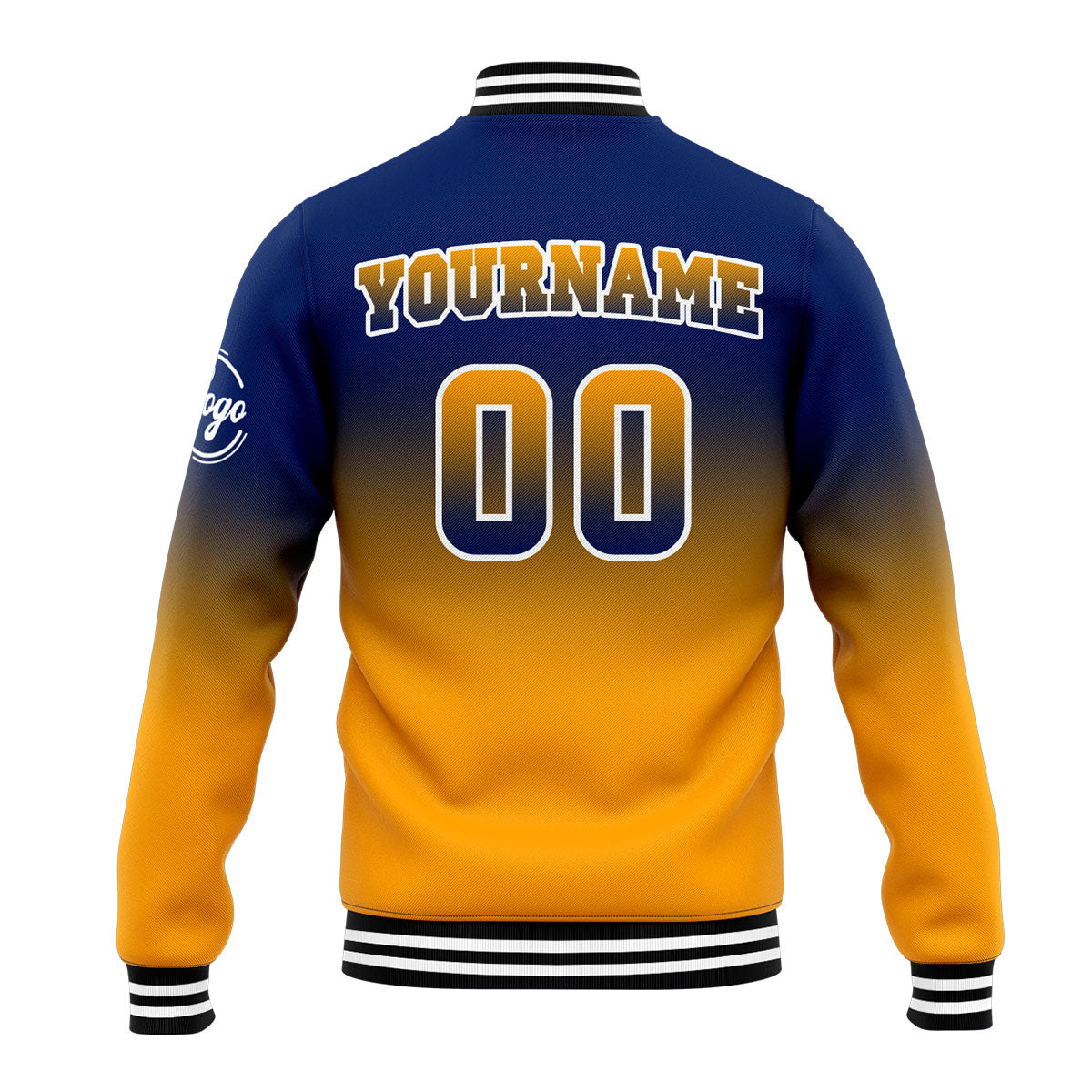 Benutzerdefinierte Verlauf Varsity-Jacke. Letterman-Jacke Marine Orange