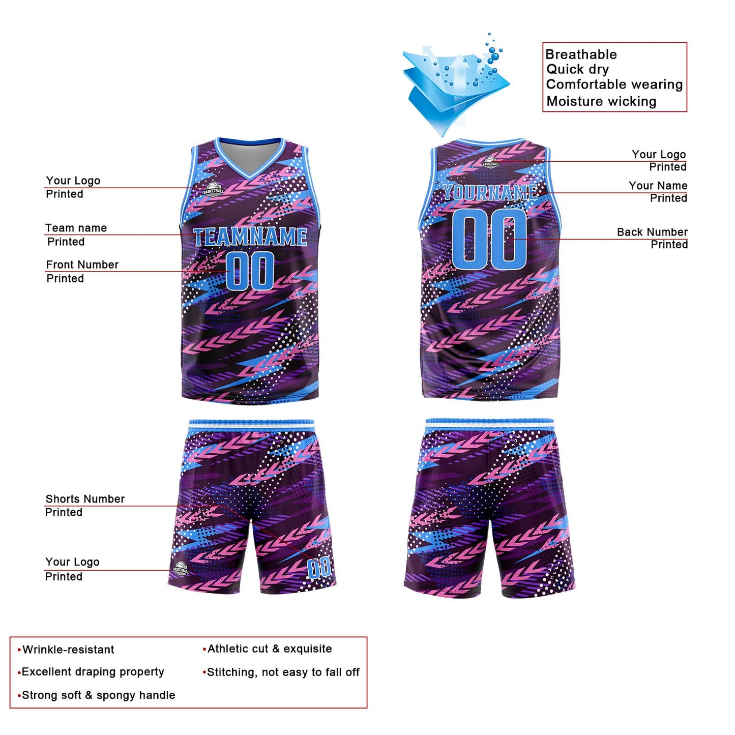 Benutzerdefinierte Rosa Lila Reversible Basketball Jersey Personalisierte Print Name Nummer Logo