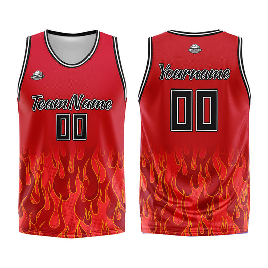 Benutzerdefinierter Basketball Jersey Uniform Anzug gedruckt Ihr Logo Name Nummer Rot Flamme