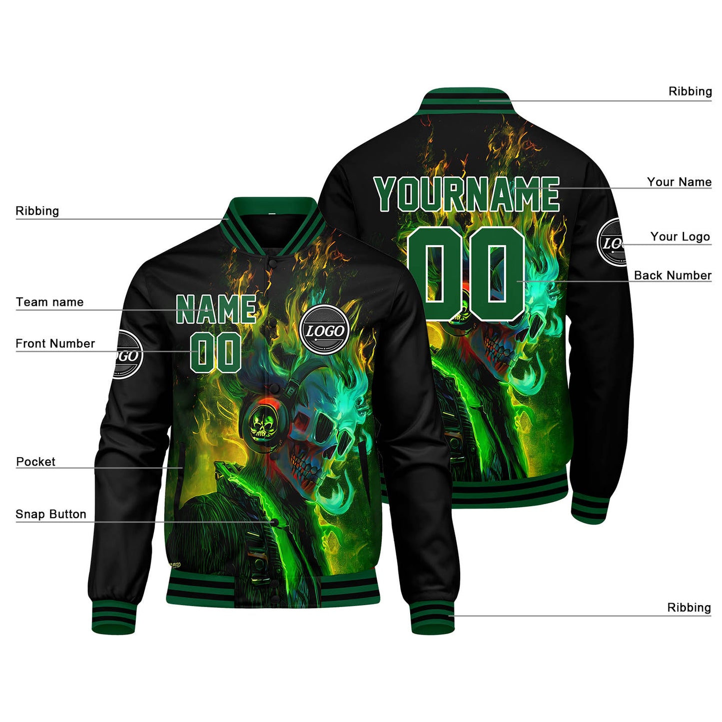 Benutzerdefinierte Verlauf Varsity-Jacke. Letterman-Jacke Grün Schwarz