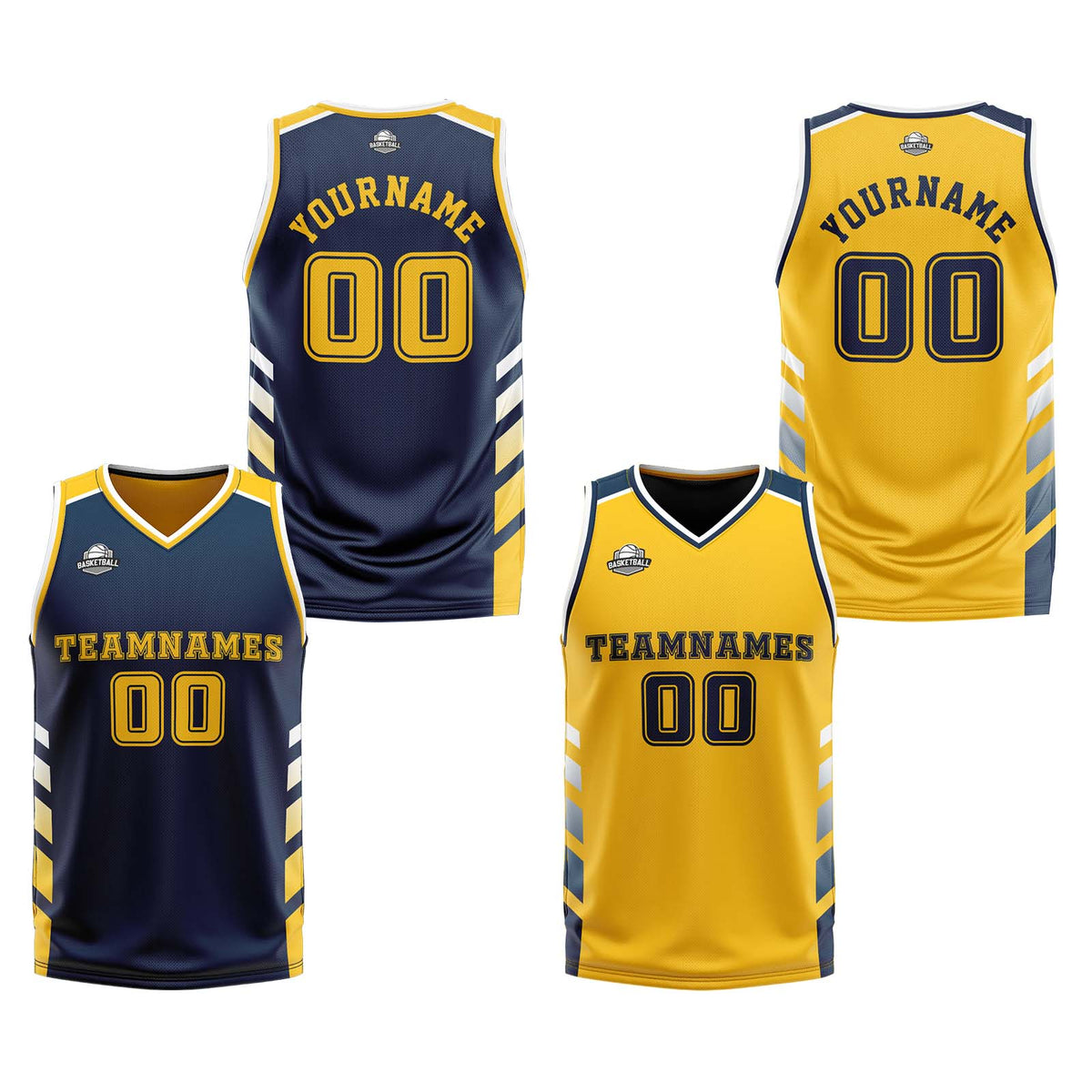 Benutzerdefinierte Marineblau Gelb Weiß Reversible Basketball Jersey Personalisierte Print Name Nummer Logo