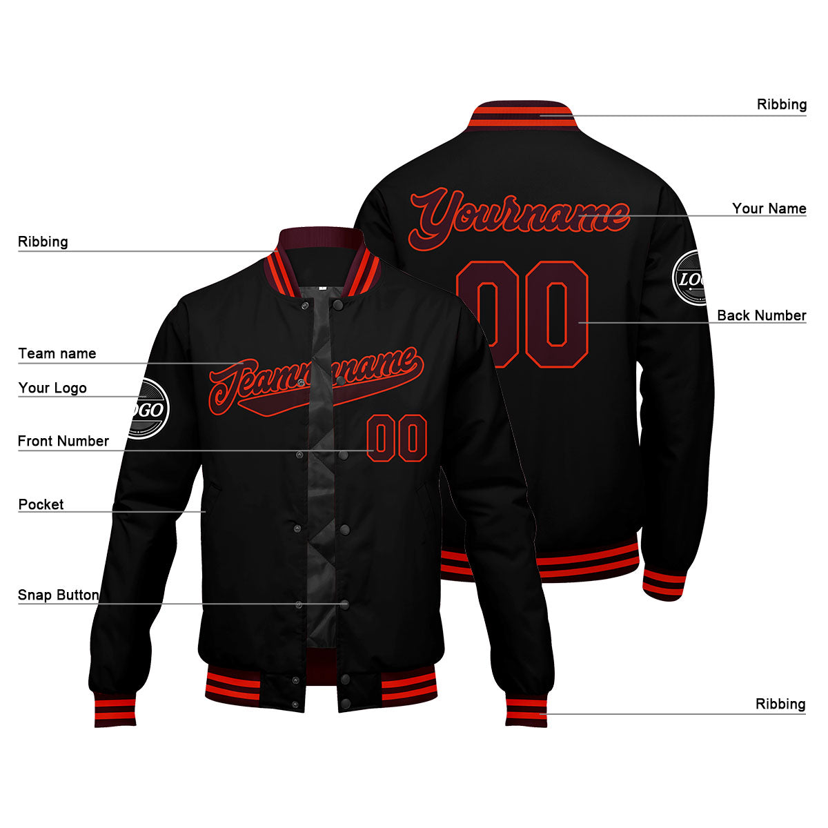 Benutzerdefinierte Verlauf Varsity-Jacke. Letterman-Jacke Marronmaroon Schwarz Orange