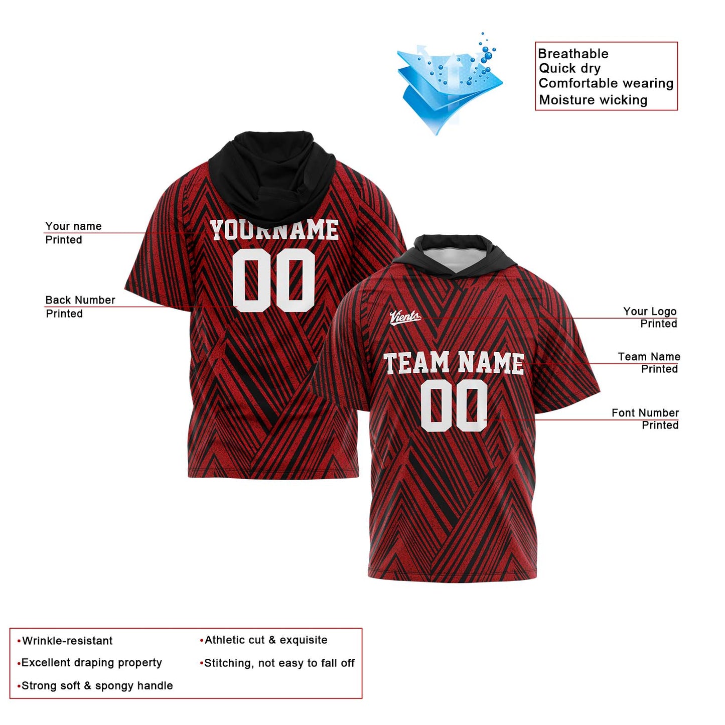 Benutzerdefinierte Schwarz Rot Kurzarm-Kapuzenpullover für Männer Frauen Hemden mit Kapuzen gedruckt Name Logo