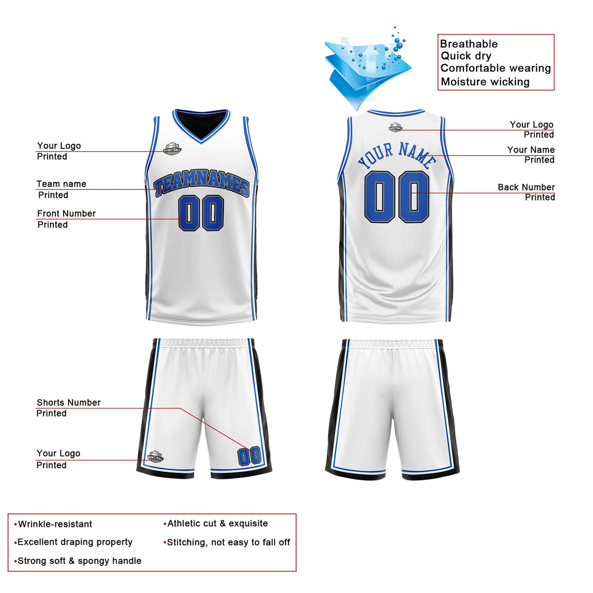 Benutzerdefinierte Weiß Schwarz Royal Reversible Basketball Jersey Personalisierte Print Name Nummer Logo