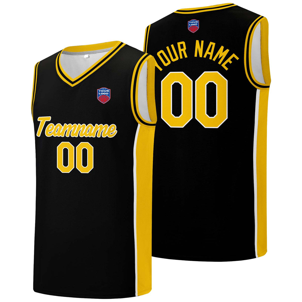 Individuelle Basketball-Jersey-Shorts für Männer und Frauen. Gestickter und gedruckter Name, Nummer und Logo Schwarz&Gelb