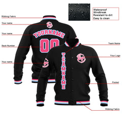 Benutzerdefiniert  Schwarz Rosa Hellblau Wasserdichte Varsity Jacken Personalisiert genäht Name Nummer Logo zu Letterman Jacken