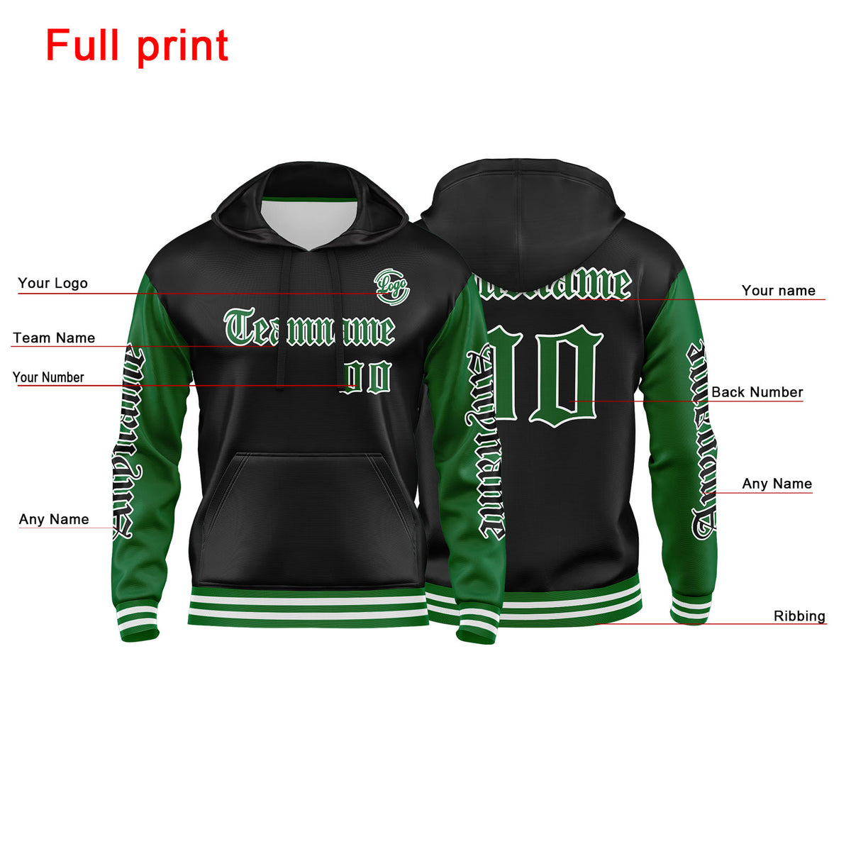 Benutzerdefinierter Grün Schwarz Hoodie für Mann, Frau, Mädchen, Junge. Drucken Sie Ihr Logo, Ihren Namen und Ihre Nummer