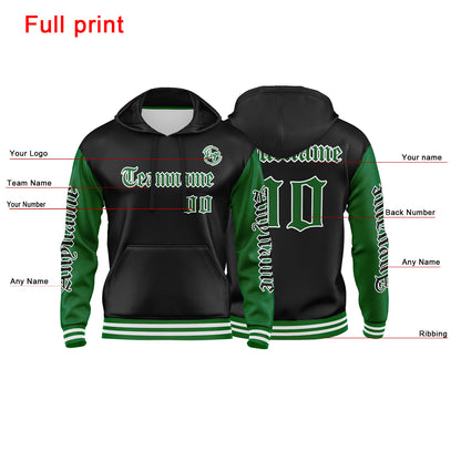 Benutzerdefinierter Grün Schwarz Hoodie für Mann, Frau, Mädchen, Junge. Drucken Sie Ihr Logo, Ihren Namen und Ihre Nummer