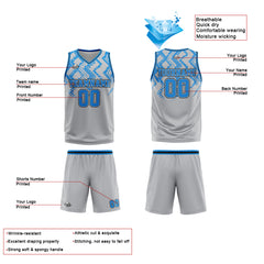 Benutzerdefinierter Grau Blau Basketball Jersey Uniform Anzug gedruckt Ihr Logo Name Nummer