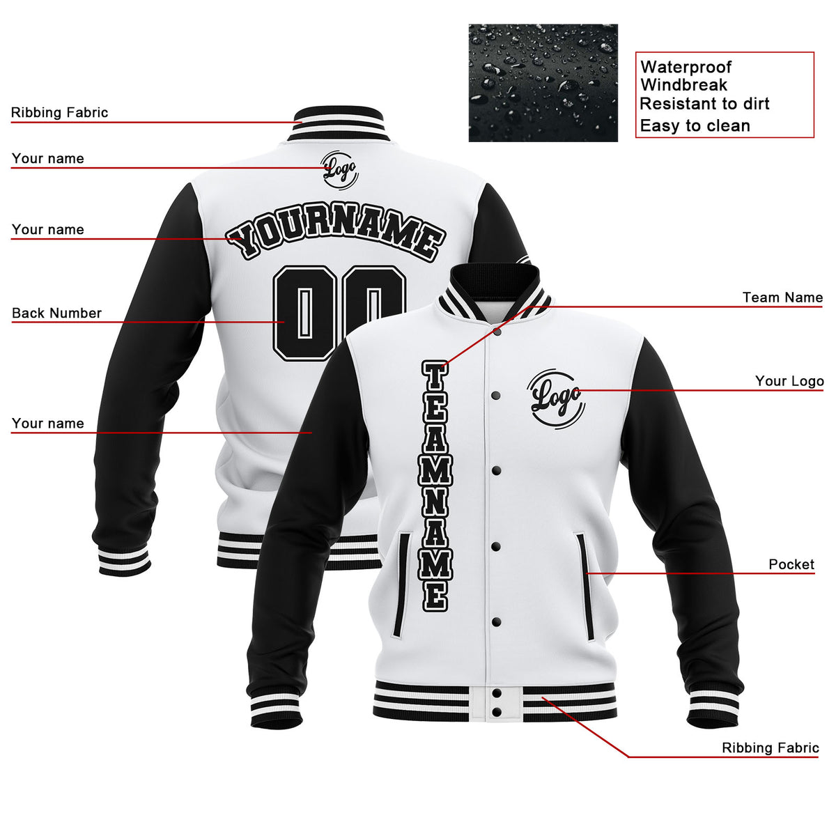 Benutzerdefiniert Schwarz Weiß Wasserdichte Varsity Jacken Personalisiert genäht Name Nummer Logo zu Letterman Jacken