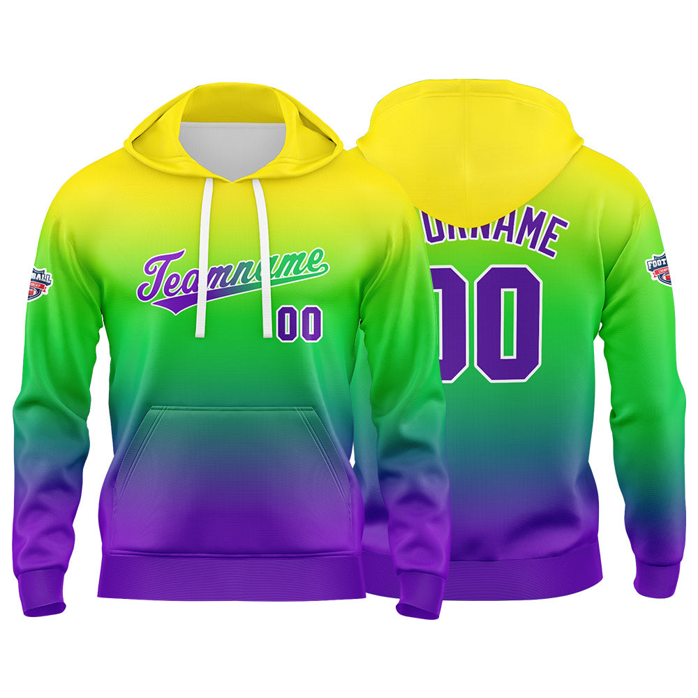 Benutzerdefinierter Verlauf Hoodie für Mann, Frau, Mädchen, Junge. Drucken Sie Ihr Logo, Ihren Namen und Ihre Nummer Gelb Grün Blau