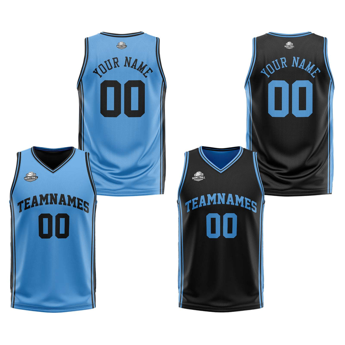 Benutzerdefinierte Hellblau Schwarz Reversible Basketball Jersey Personalisierte Print Name Nummer Logo
