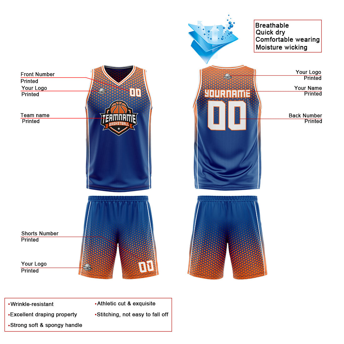 Benutzerdefinierte Blau Orange Weiß Reversible Basketball Jersey Personalisierte Print Name Nummer Logo