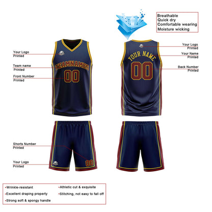 Benutzerdefinierte Marine Wein Gelb Reversible Basketball Jersey Personalisierte Print Name Nummer Logo