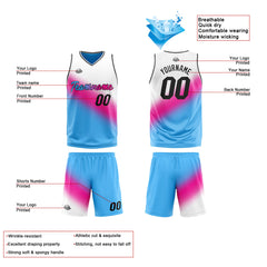 Benutzerdefinierte Reversible Basketball Jersey Personalisierte Print Name Nummer Logo Weiß-heißes Rosa-Hellblau