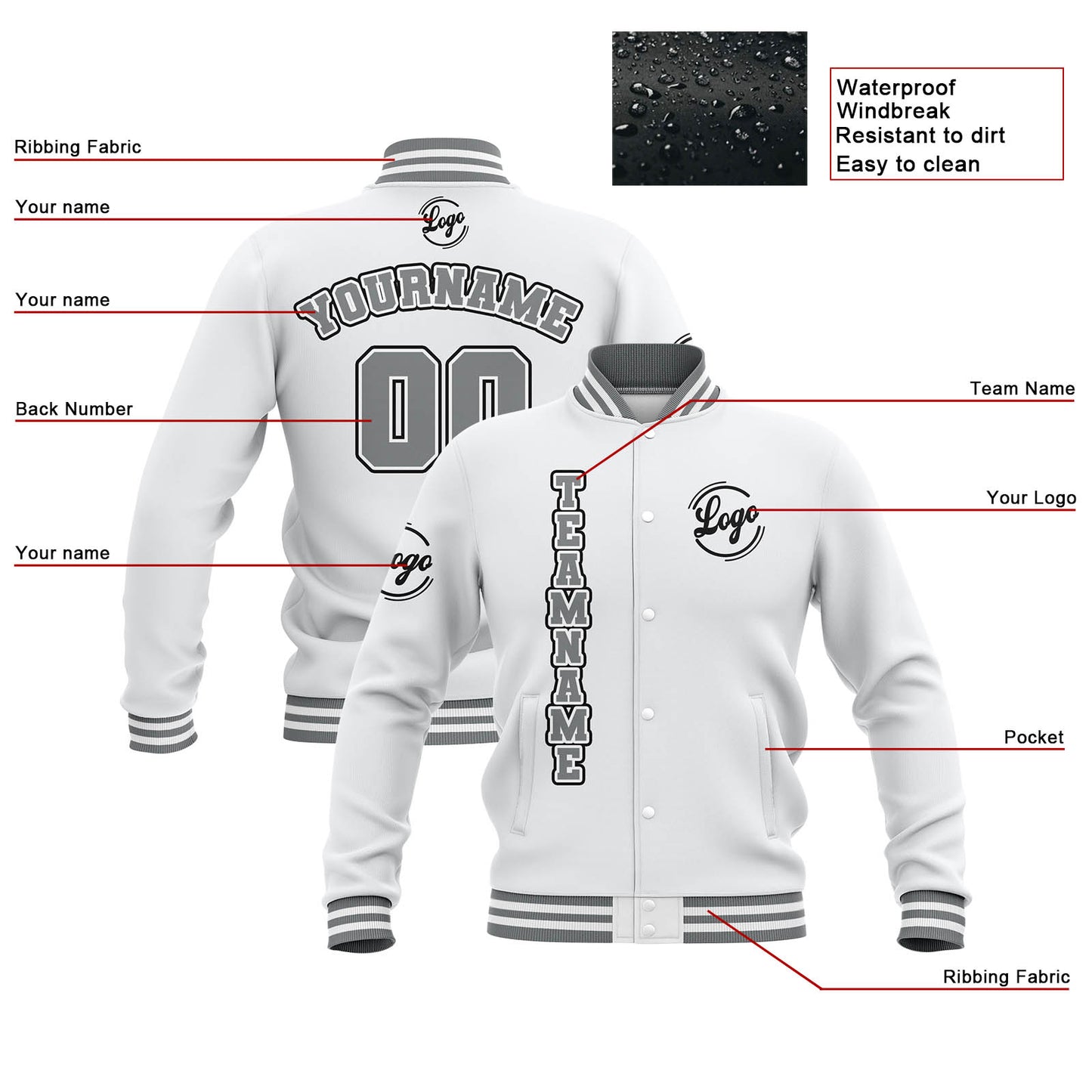 Benutzerdefiniert  Weiß Grau Wasserdichte Varsity Jacken Personalisiert genäht Name Nummer Logo zu Letterman Jacken