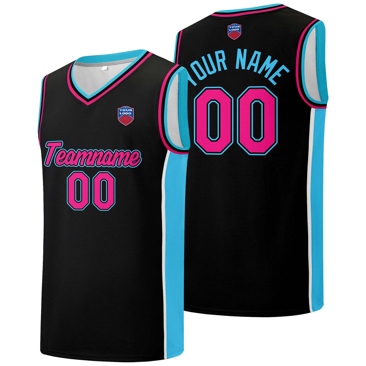 Individuelle Basketball-Jersey-Shorts für Männer und Frauen. Gestickter und gedruckter Name, Nummer und Logo Schwarz&Hellblau