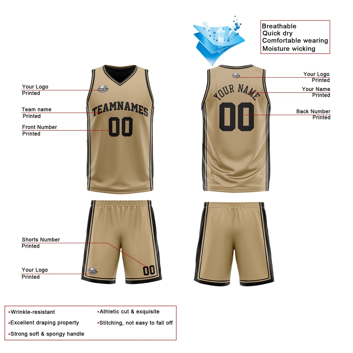Benutzerdefinierte Gold Schwarz Reversible Basketball Jersey Personalisierte Print Name Nummer Logo