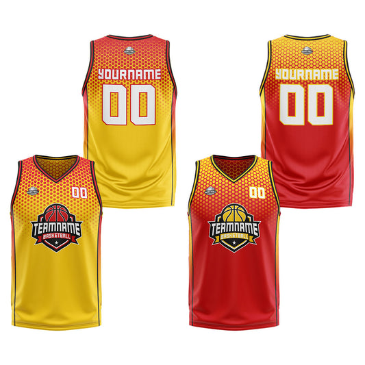 Benutzerdefinierte Gelb Rot Schwarz Reversible Basketball Jersey Personalisierte Print Name Nummer Logo