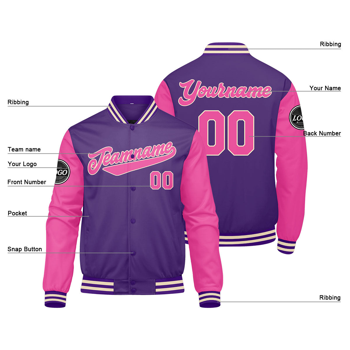 Benutzerdefinierte Verlauf Varsity-Jacke. Letterman-Jacke Lila Rosa