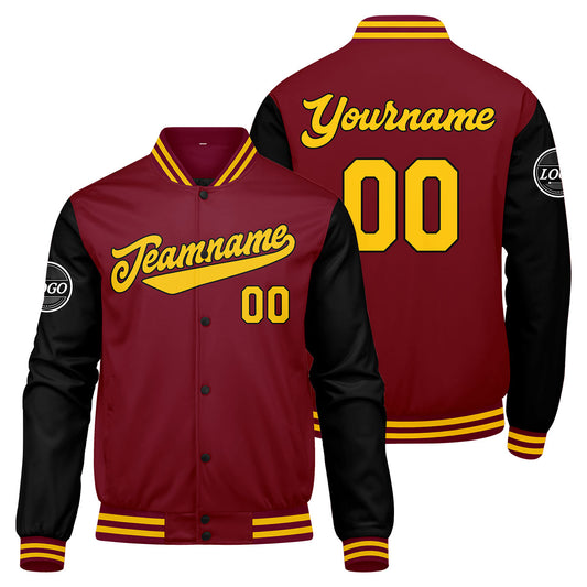 Benutzerdefinierte Verlauf Varsity-Jacke. Letterman-Jacke Karminrot Schwarz Gelb