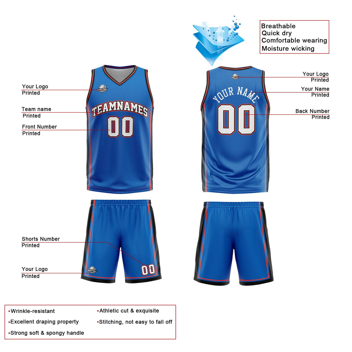 Benutzerdefinierte Blau Weiß Orange Reversible Basketball Jersey Personalisierte Print Name Nummer Logo
