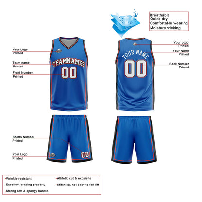 Benutzerdefinierte Blau Weiß Orange Reversible Basketball Jersey Personalisierte Print Name Nummer Logo