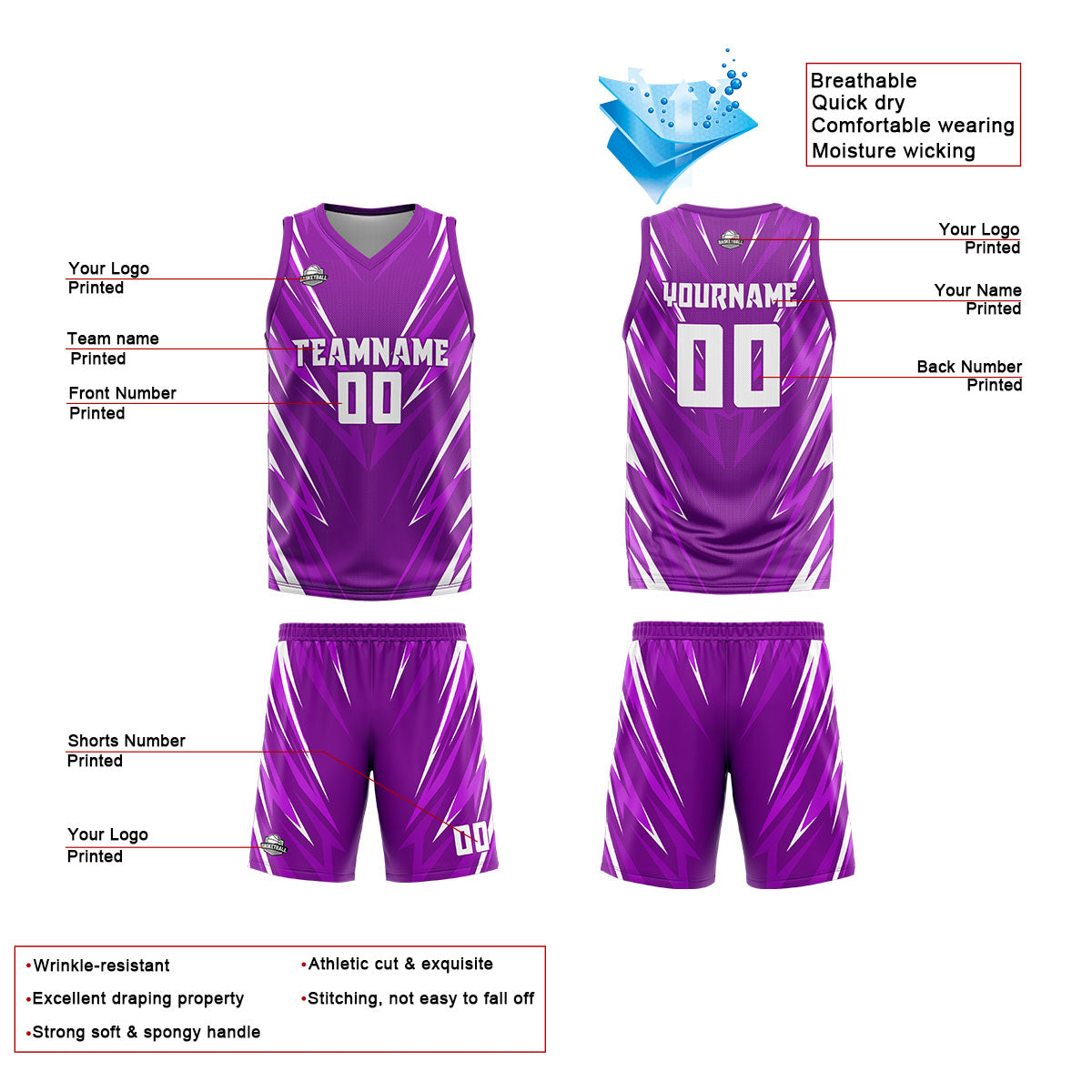 Benutzerdefinierter Lila Basketball Jersey Uniform Anzug gedruckt Ihr Logo Name Nummer