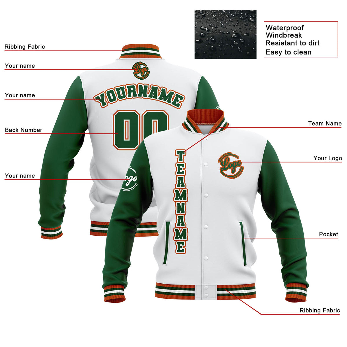 Benutzerdefiniert Weiß Grün Orange Wasserdichte Varsity Jacken Personalisiert genäht Name Nummer Logo zu Letterman Jacken