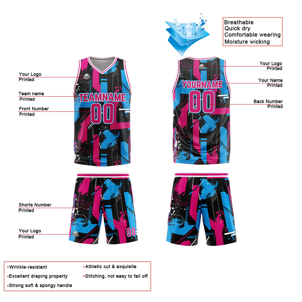 Benutzerdefinierter Rosa Hellblau Basketball Jersey Uniform Anzug gedruckt Ihr Logo Name Nummer