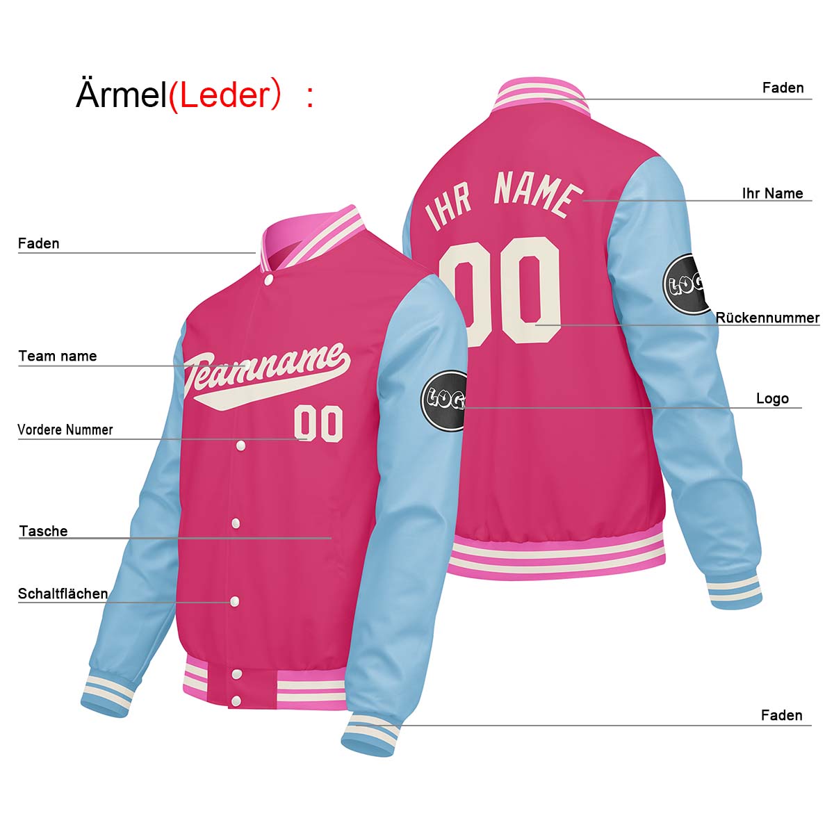 Maßgeschneiderte Rosa Hellblau Letterman Varsity Jacket Individuelle Stickerei Druck nach Ihrem Wunsch