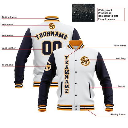 Benutzerdefiniert  Weiß Marine Gelb Wasserdichte Varsity Jacken Personalisiert genäht Name Nummer Logo zu Letterman Jacken