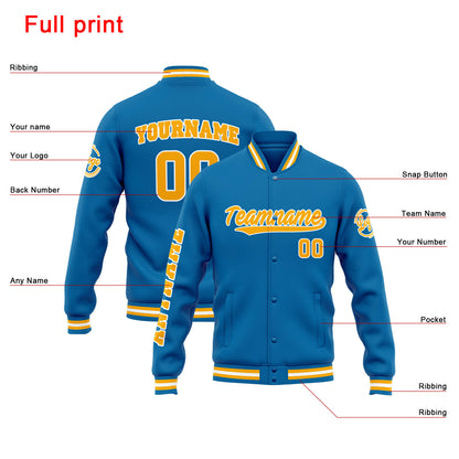 Benutzerdefinierte Varsity-Jacke. Letterman-Jacke für Männer, Frauen und Jugendliche Blau Orange