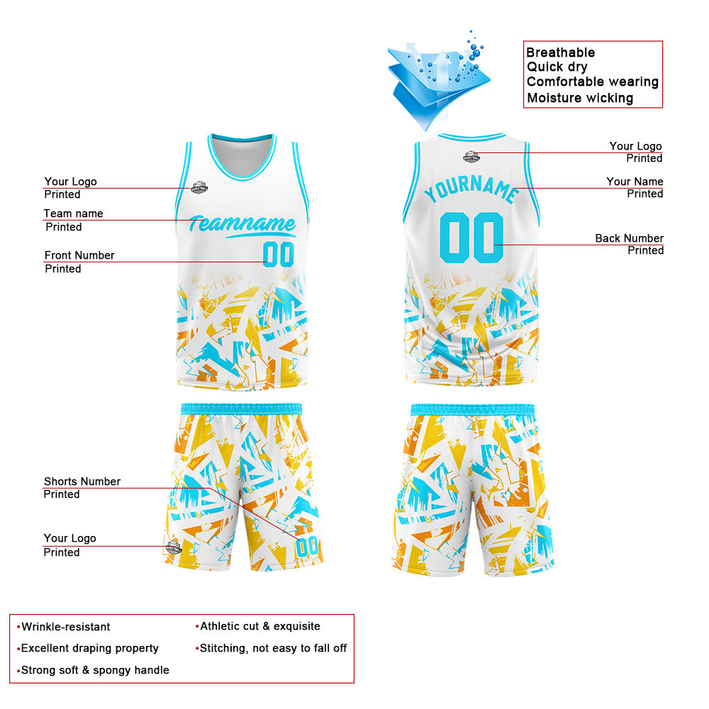 Benutzerdefinierter Basketball Jersey Uniform Anzug gedruckt Ihr Logo Name Nummer Weiß&Hellblau