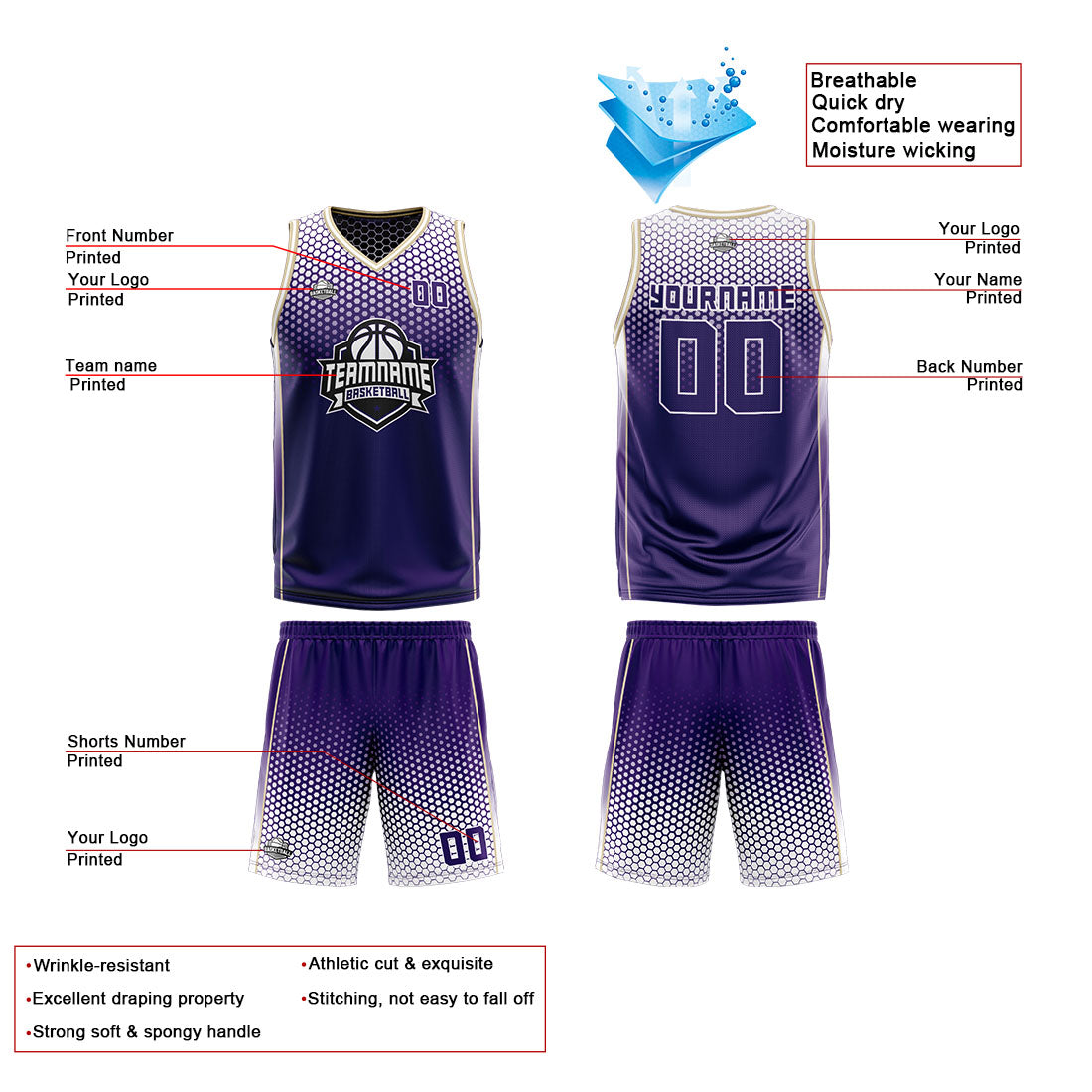 Benutzerdefinierte Lila Weiß Reversible Basketball Jersey Personalisierte Print Name Nummer Logo