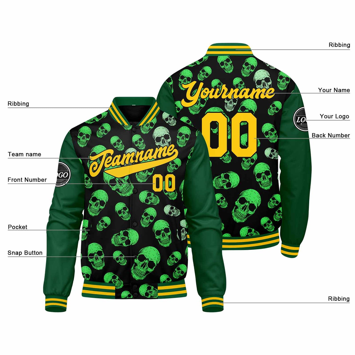 Benutzerdefinierte Verlauf Varsity-Jacke. Letterman-Jacke Grün