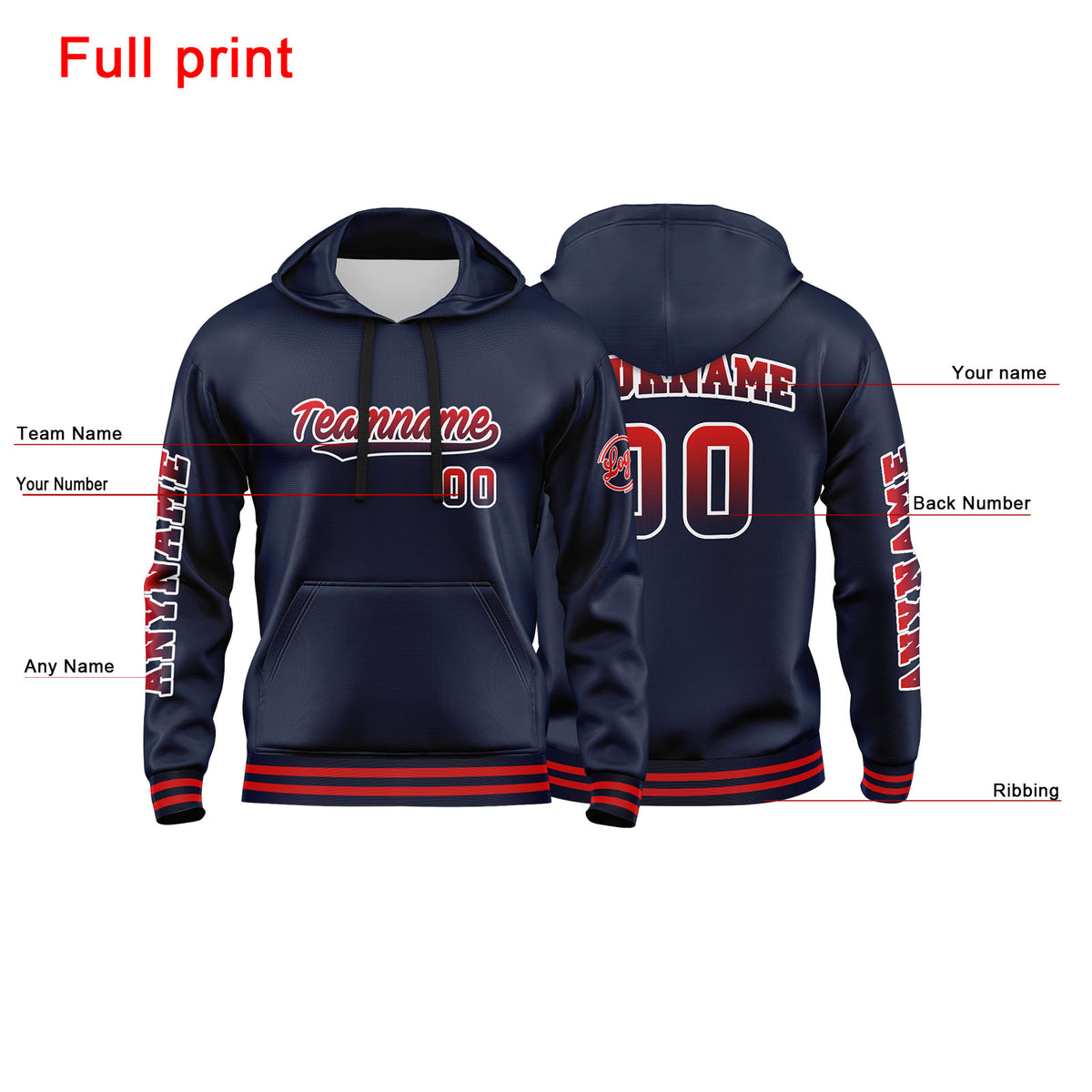 Benutzerdefinierter Marine Rot Hoodie für Mann, Frau, Mädchen, Junge. Drucken Sie Ihr Logo, Ihren Namen und Ihre Nummer