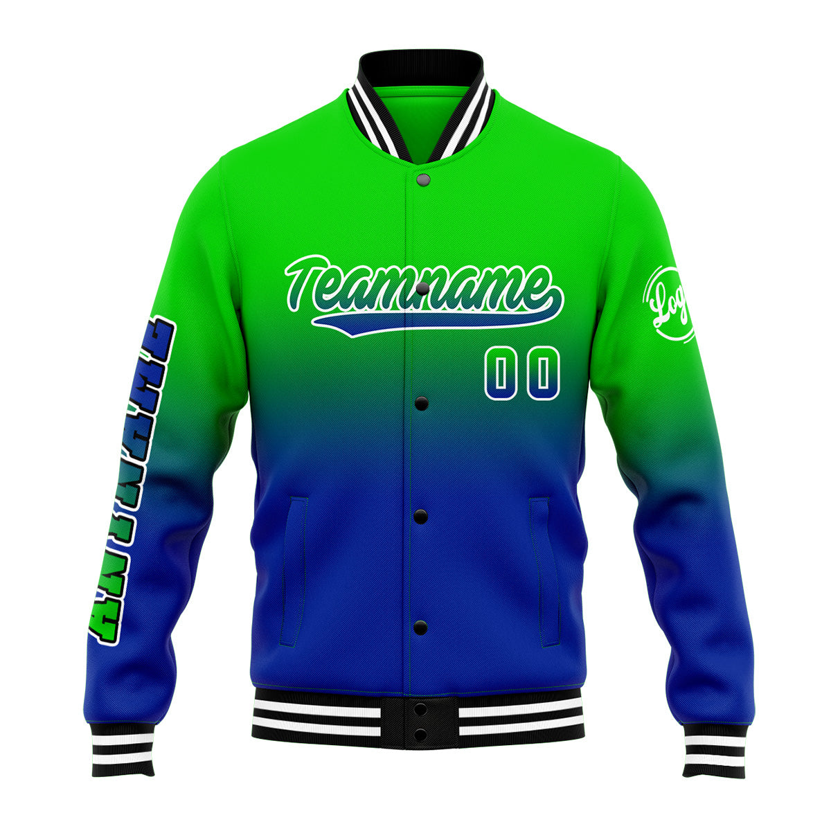 Benutzerdefinierte Verlauf Varsity-Jacke. Letterman-Jacke Grün Blau