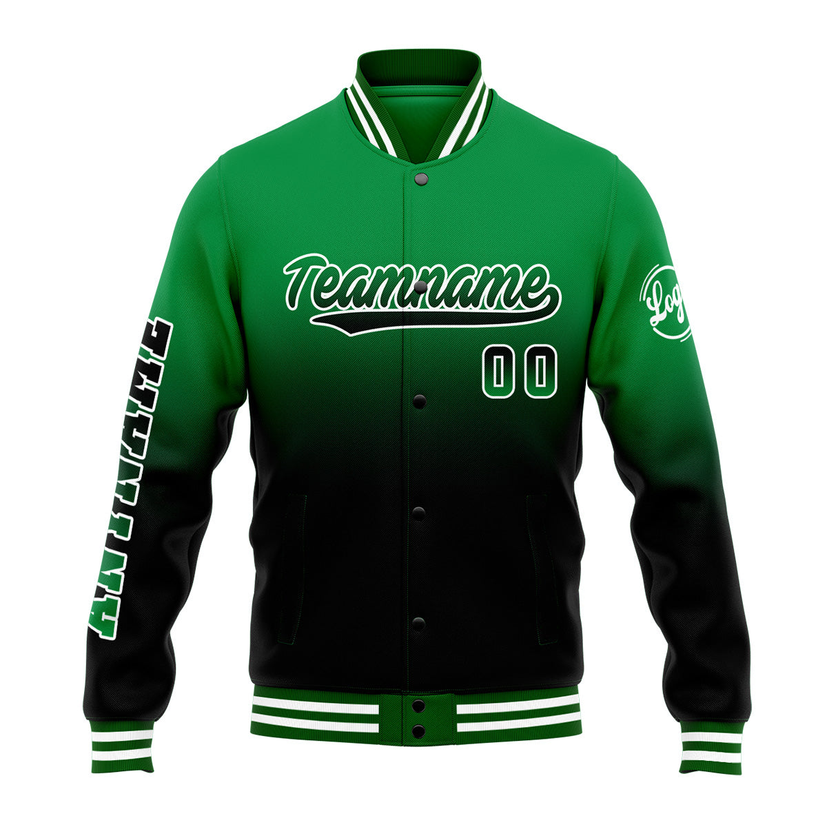 Benutzerdefinierte Verlauf Varsity-Jacke. Letterman-Jacke Grün Schwarz