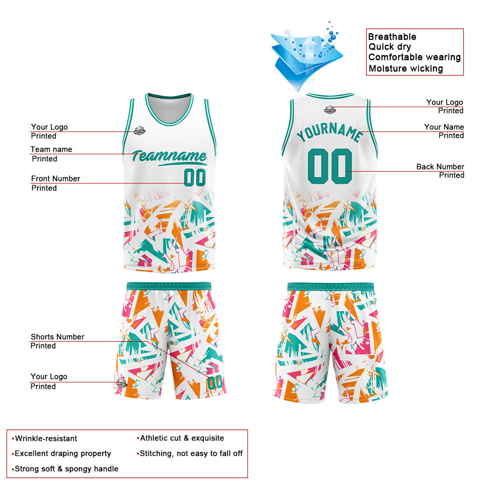 Benutzerdefinierter Basketball Jersey Uniform Anzug gedruckt Ihr Logo Name Nummer Weiß&Aqua